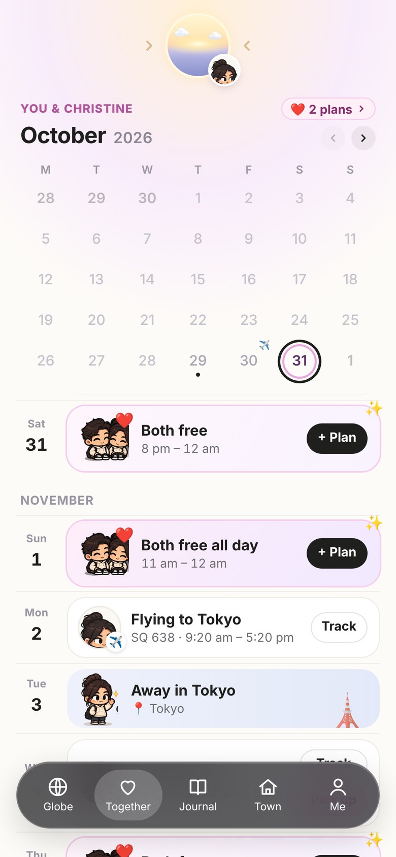 Calendar: a month view and day cards showing when you're both free