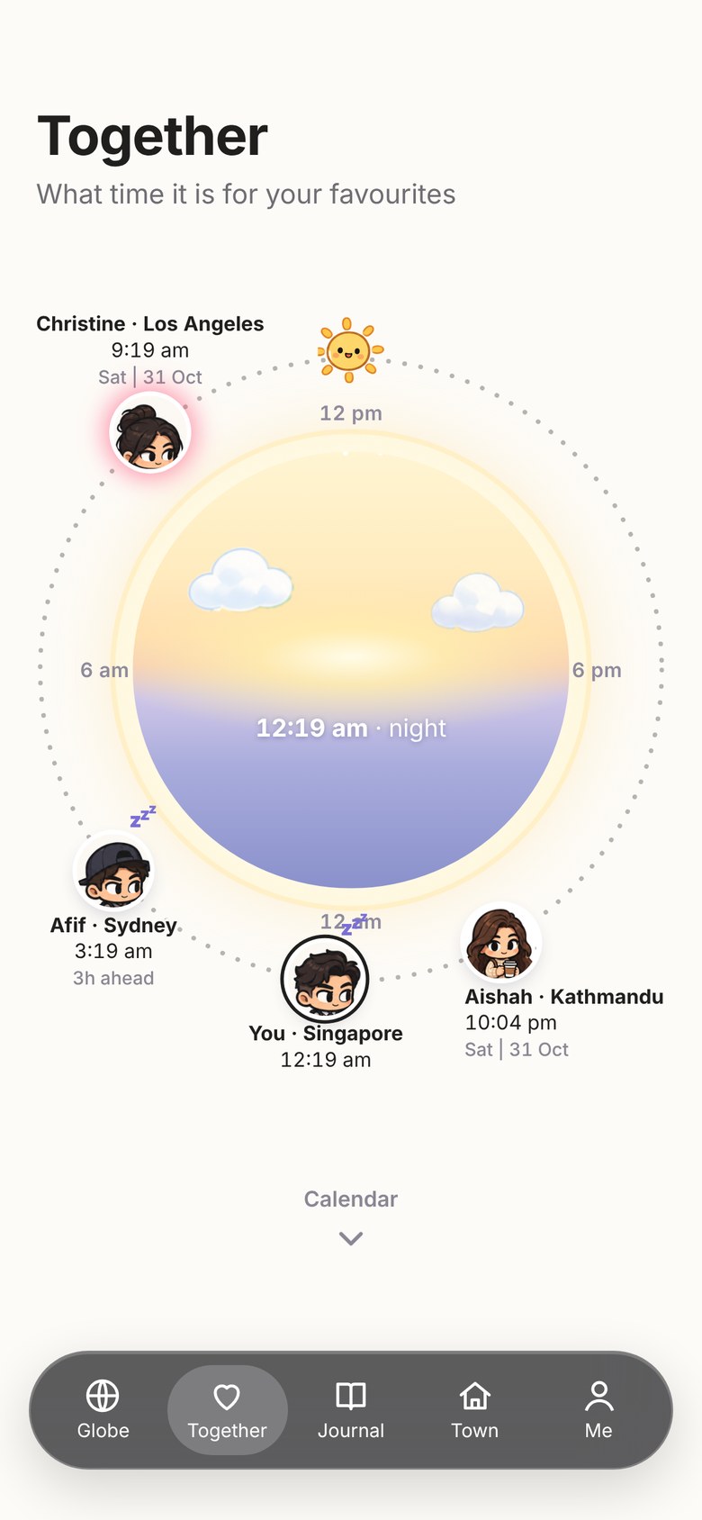 Together: a 24-hour dial with each favourite at their own local time